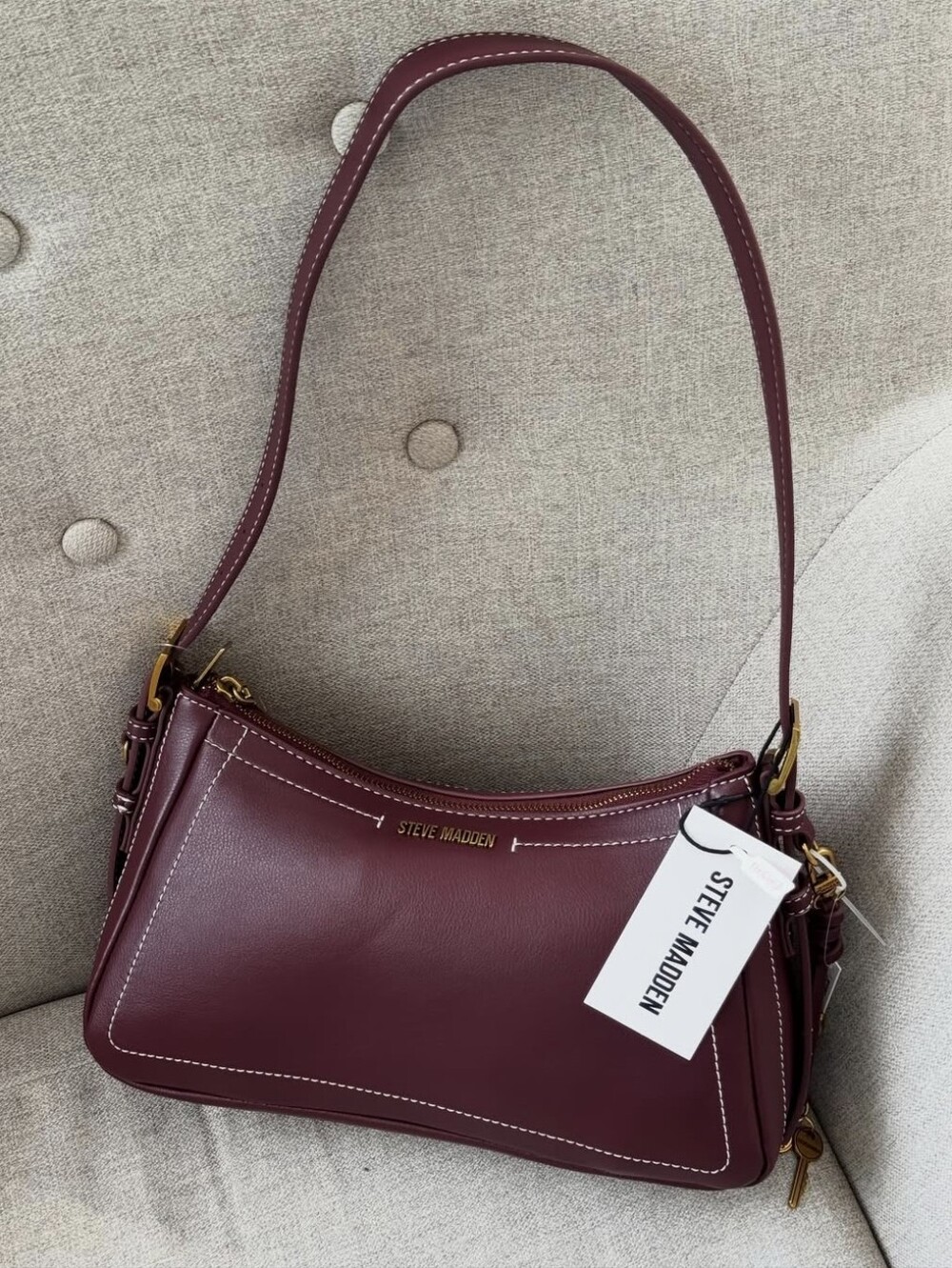Steve Madden Maroon Shoulder Bag with White Topstitch
